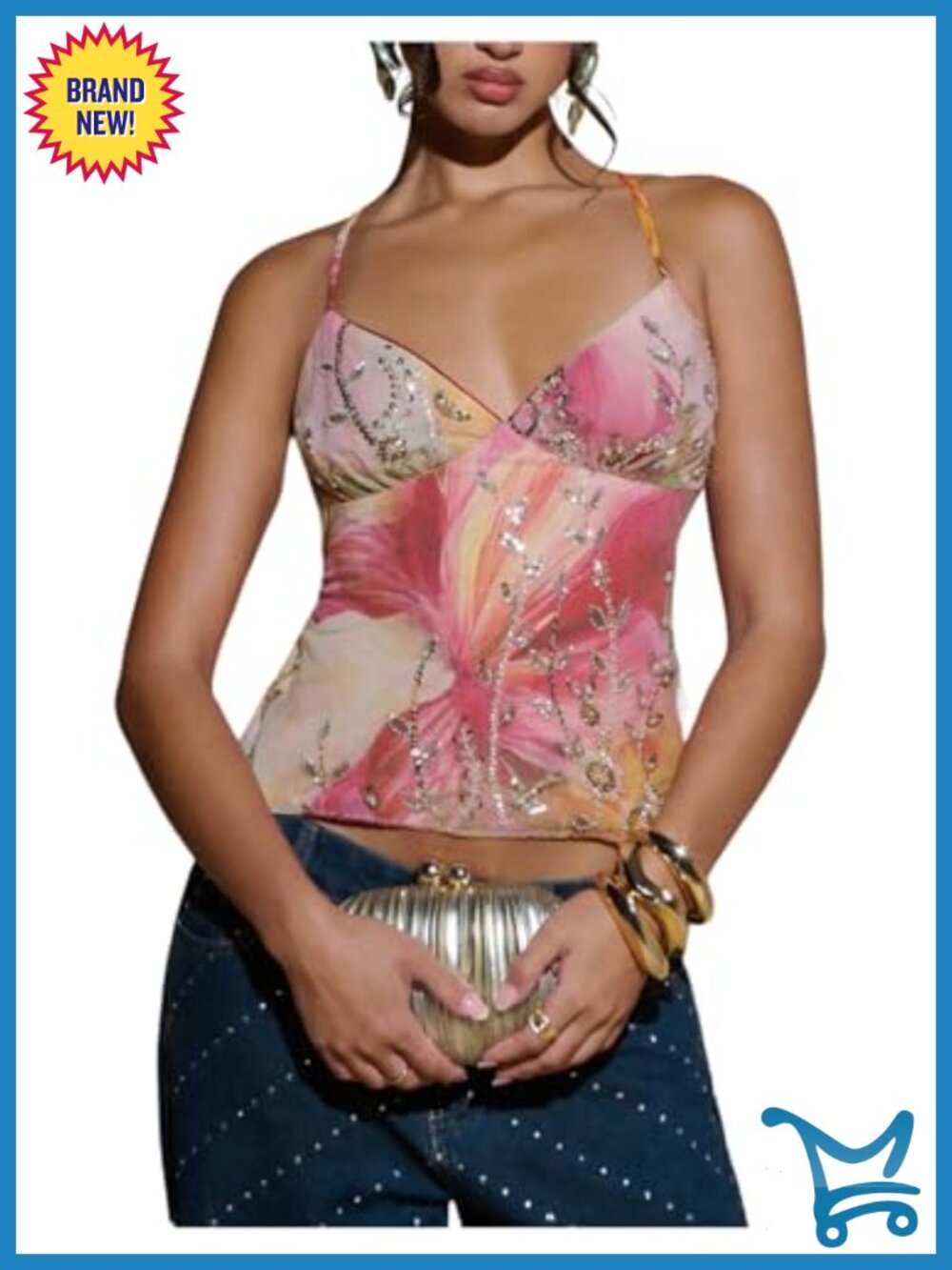 Sequin Halter Crop Tank Top Floral Backless Sparkly Y2K Party Top